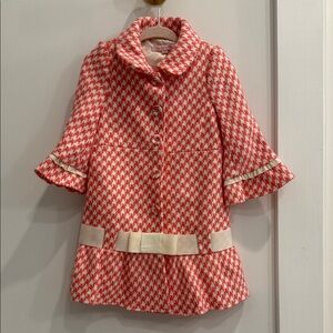 Pink and White Houndstooth Coat with Bow Accents